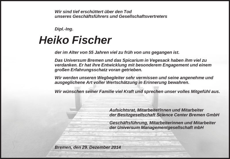 Traueranzeige von Heiko Fischer von WESER-KURIER