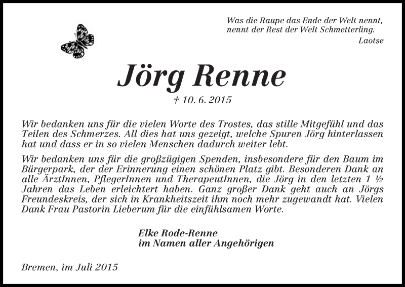 Traueranzeige von Jörg Renne von WESER-KURIER