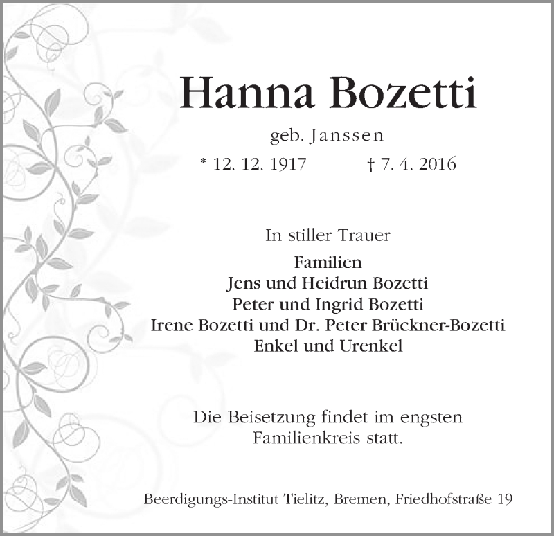 Traueranzeige von Johanne Bozetti von WESER-KURIER