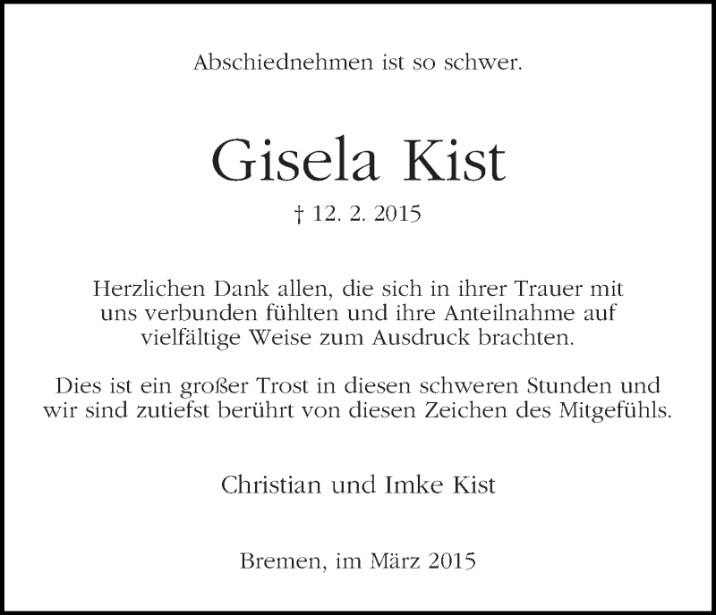 Traueranzeige von Gisela Kist von Wuemme Zeitung