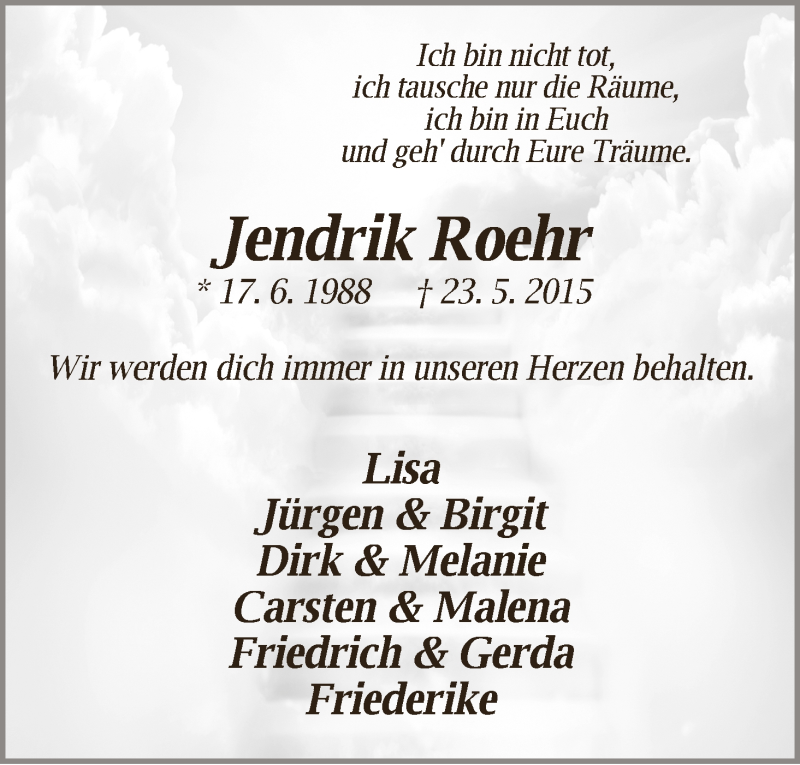 Traueranzeige von Jendrik Roehr von Die Norddeutsche