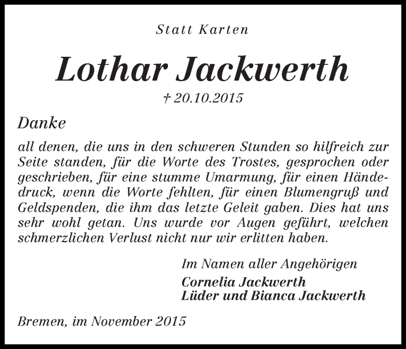 Traueranzeige von Lothar Jackwerth von WESER-KURIER