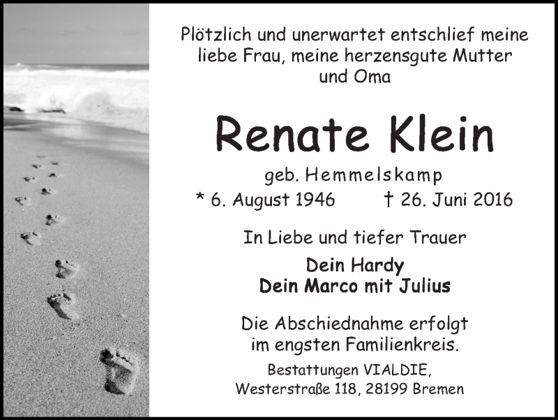 Traueranzeige von Renate Klein von WESER-KURIER