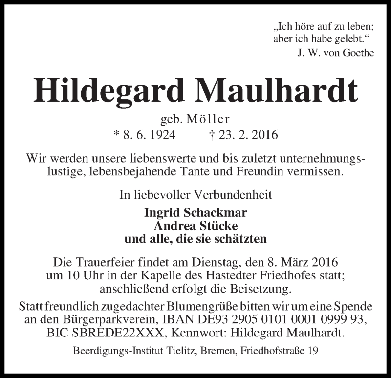 Traueranzeige von Hildegard Maulhardt von WESER-KURIER
