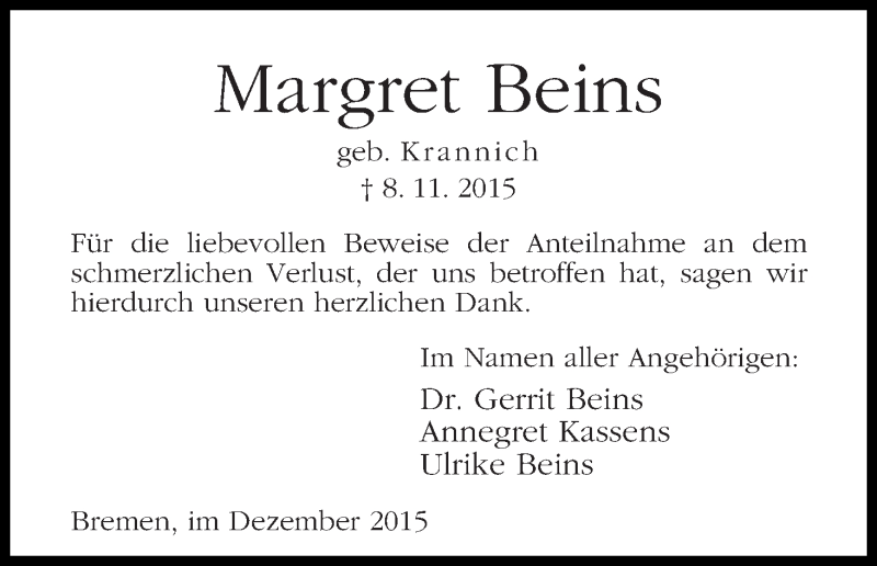 Traueranzeige von Margret Beins von WESER-KURIER