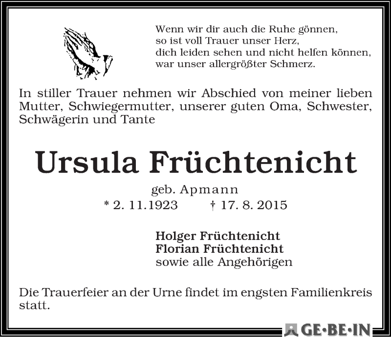 Traueranzeige von Ursula Früchtenicht von Die Norddeutsche