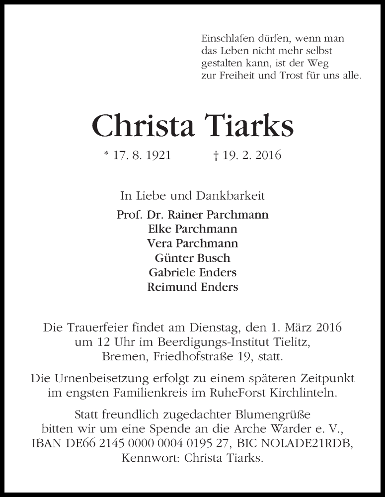 Traueranzeige von Christa Tiarks von WESER-KURIER