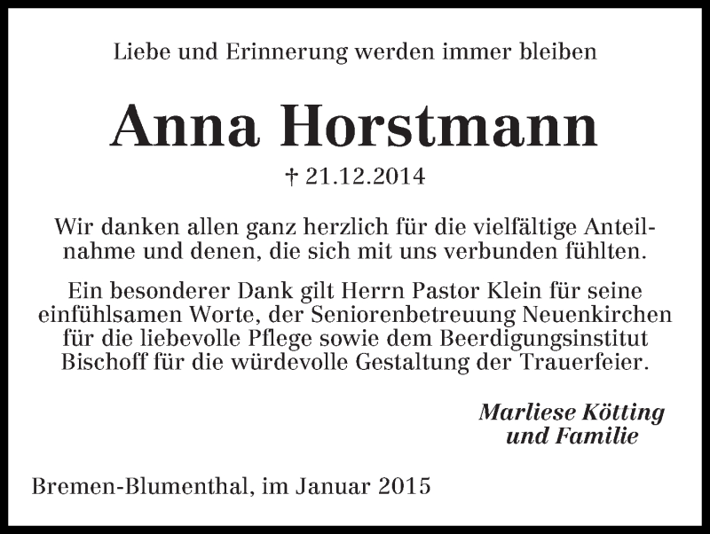 Traueranzeige von Anna Horstmann von Die Norddeutsche