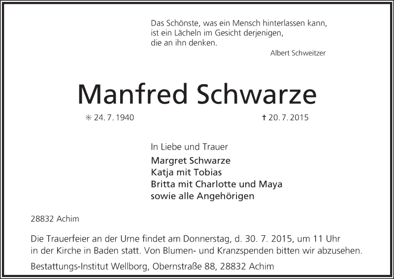 Traueranzeige von Manfred Schwarze von Achimer Kurier/Verdener Nachrichten