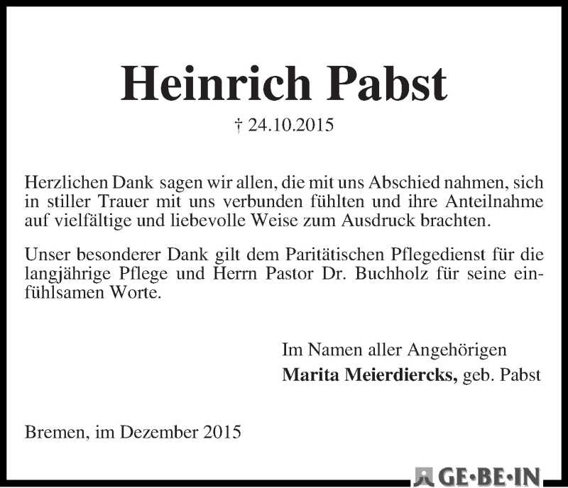 Traueranzeige von Heinrich Pabst von WESER-KURIER