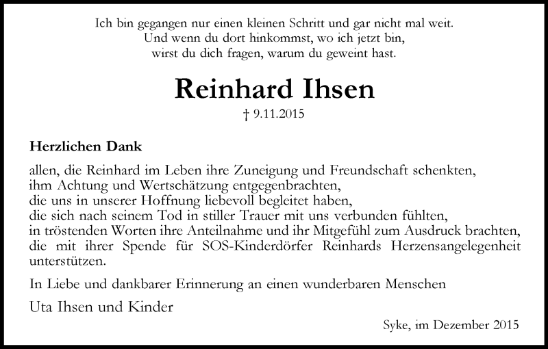 Traueranzeige von Reinhard Ihsen von Regionale Rundschau/Syker Kurier