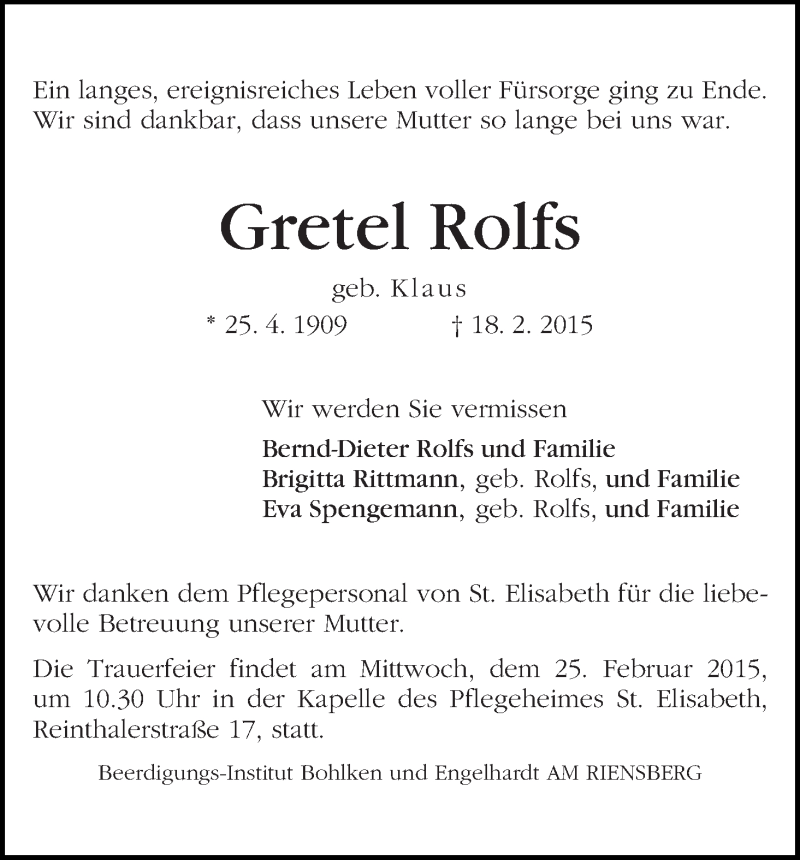 Traueranzeige von Gretel Rolfs von WESER-KURIER