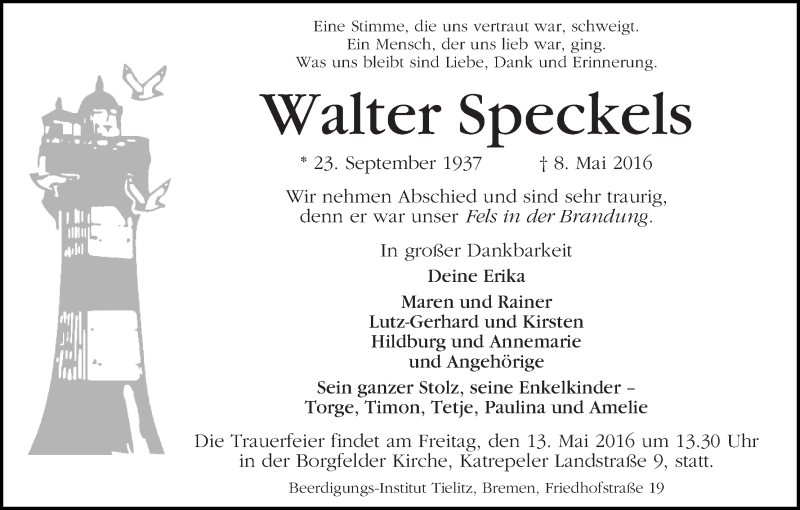 Traueranzeige von Walter Speckels von WESER-KURIER
