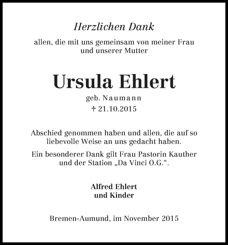 Traueranzeige von Ursula Ehlert von Die Norddeutsche