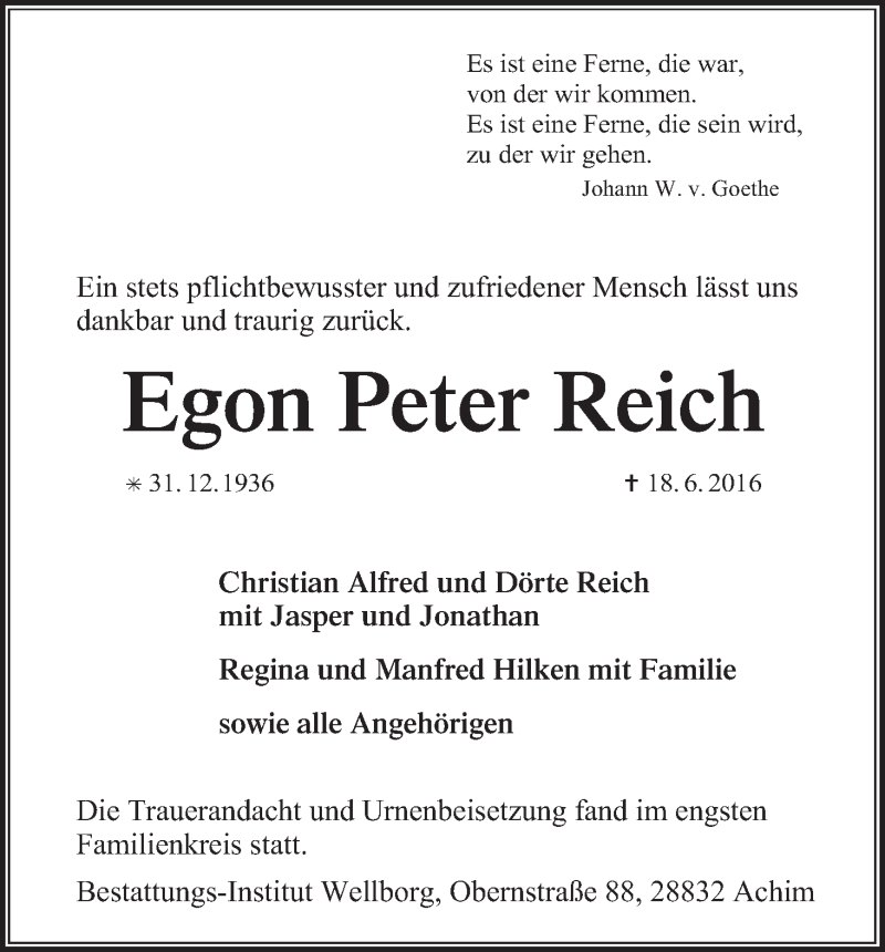 Traueranzeige von Egon Peter Reich von WESER-KURIER