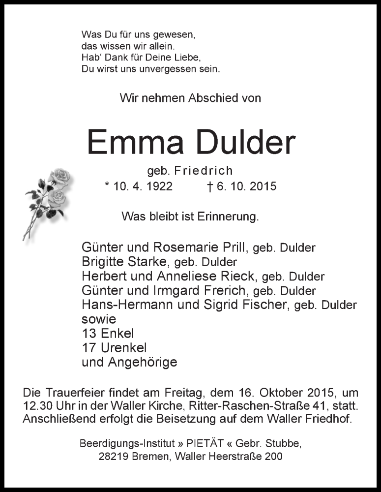 Traueranzeige von Emma Dulder von WESER-KURIER