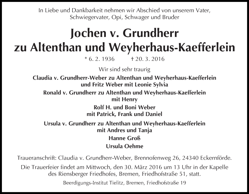 Traueranzeige von Jochen v. Grundherr zu Altenthan und Weyherhaus-Kaefferlein von WESER-KURIER