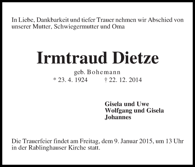 Traueranzeige von Irmtraud Dietze von WESER-KURIER