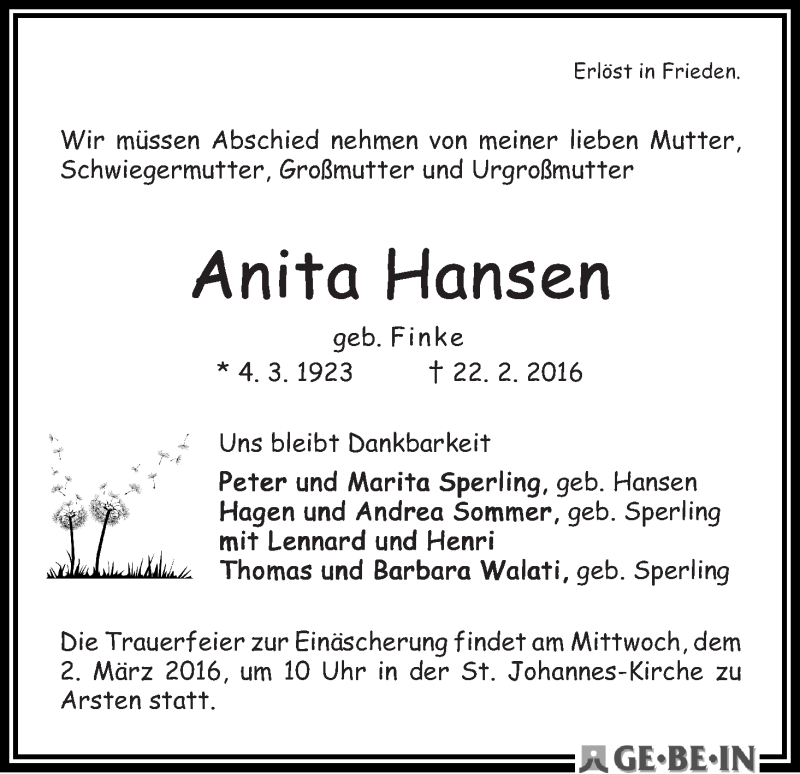 Traueranzeige von Anita Hansen von WESER-KURIER