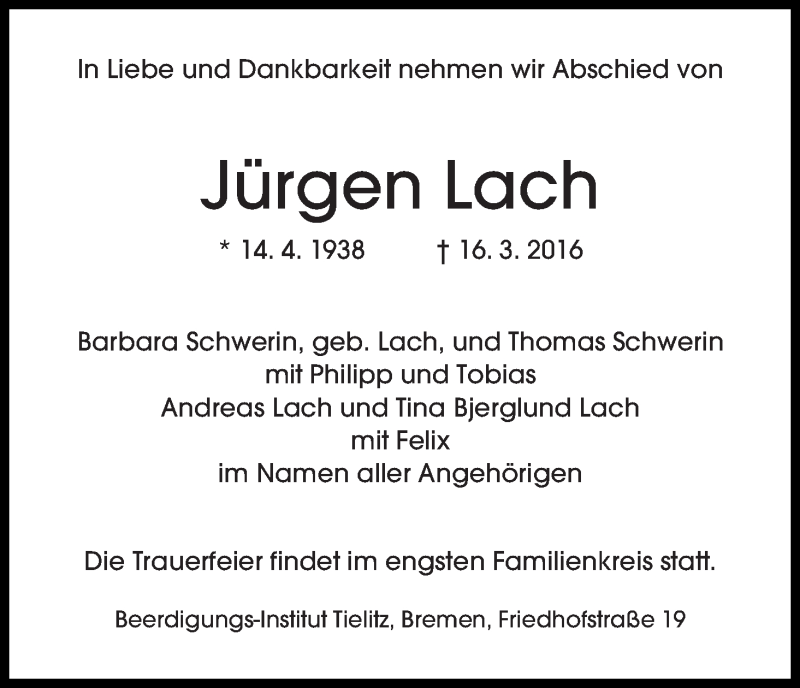 Traueranzeige von Jürgen Lach von WESER-KURIER