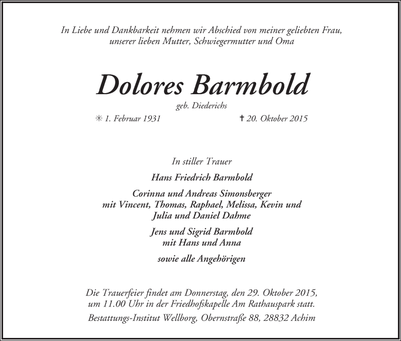 Traueranzeige von Dolores Barmbold von WESER-KURIER
