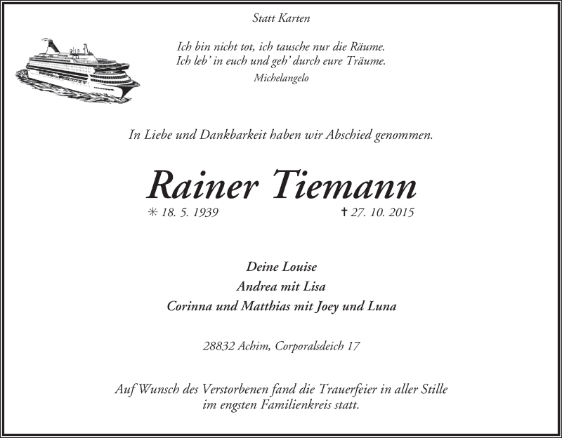 Traueranzeige von Rainer Tiemann von WESER-KURIER
