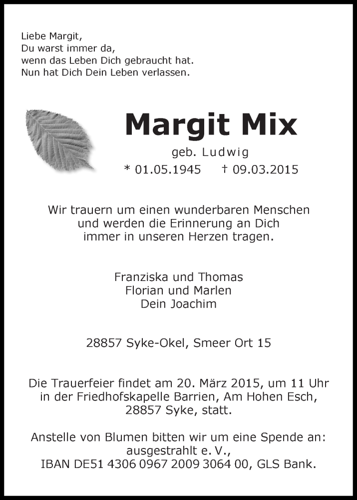 Traueranzeige von Margit Mix von WESER-KURIER