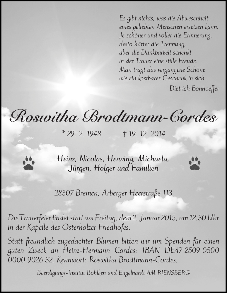 Traueranzeige von Roswitha Brodtmann-Cordes von WESER-KURIER