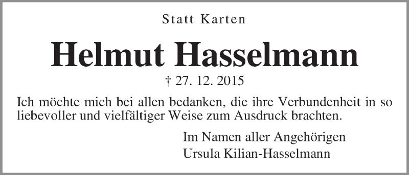 Traueranzeige von Helmut Hasselmann von WESER-KURIER