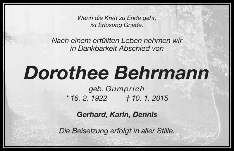 Traueranzeige von Dorothee Behrmann von WESER-KURIER