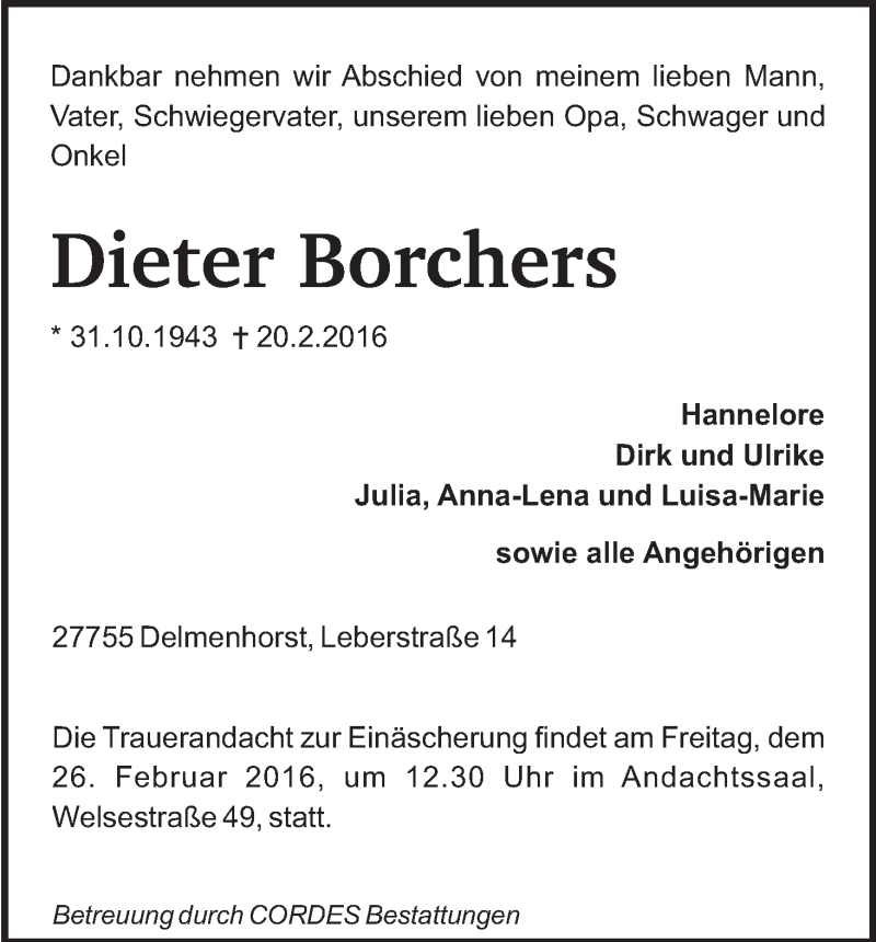 Traueranzeige von Dieter Borchers von WESER-KURIER