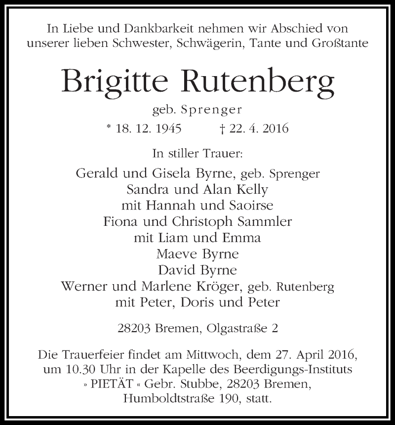 Traueranzeige von Brigitte Rutenberg von WESER-KURIER