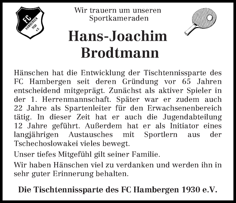 Traueranzeige von Hans-Joachim Brodtmann von Osterholzer Kreisblatt