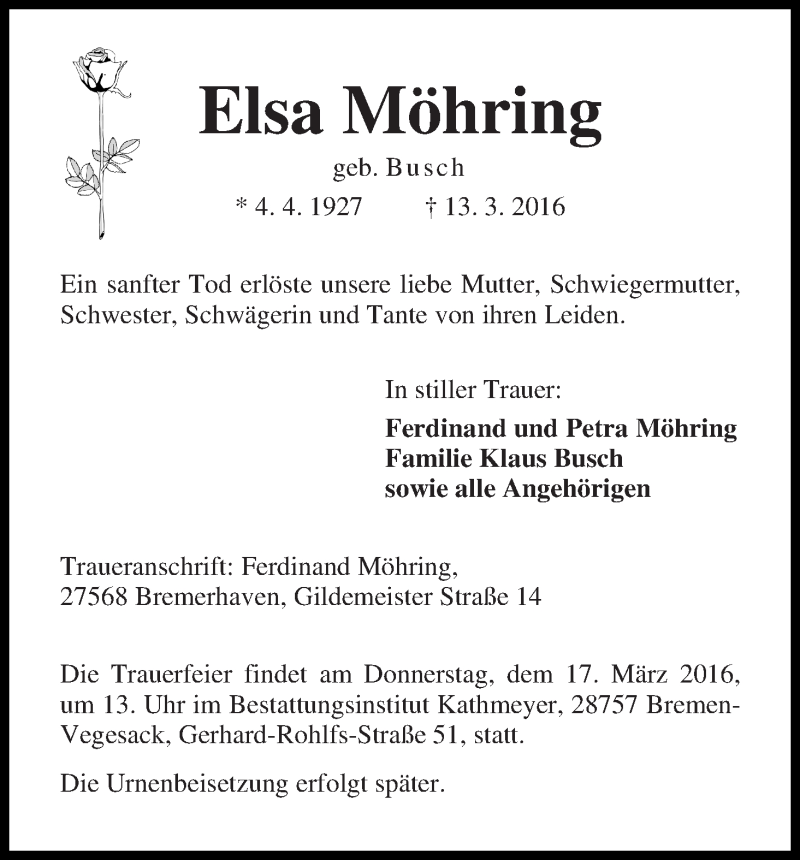 Traueranzeige von Elsa Möhring von Die Norddeutsche