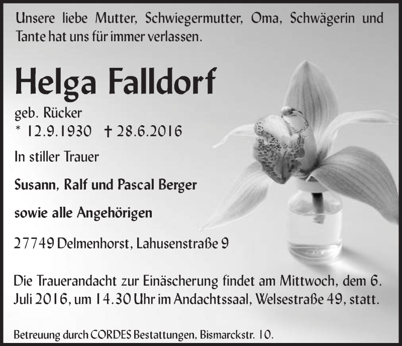 Traueranzeige von Helga Falldorf von WESER-KURIER
