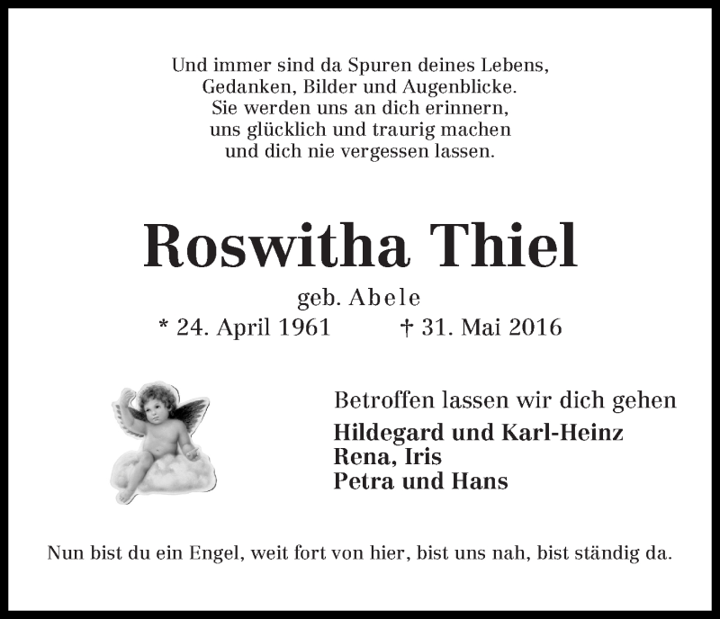 Traueranzeige von Roswitha Thiel von WESER-KURIER