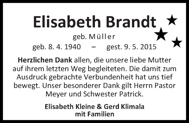 Traueranzeige von Elisabeth Brandt von WESER-KURIER