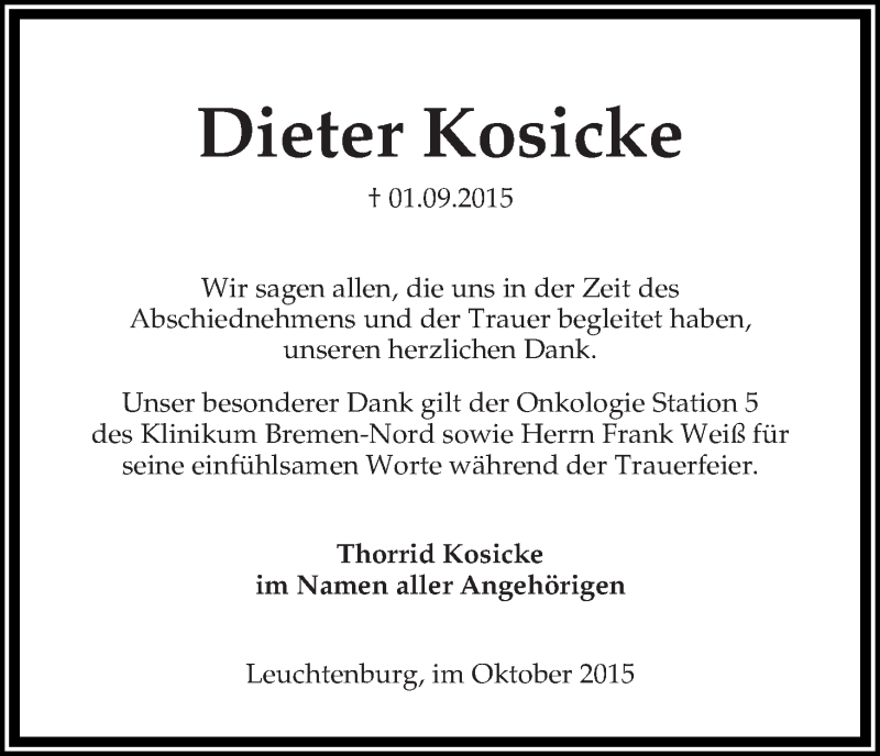 Traueranzeige von Dieter Kosicke von Die Norddeutsche