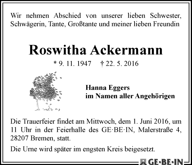 Traueranzeige von Roswitha Ackermann von WESER-KURIER