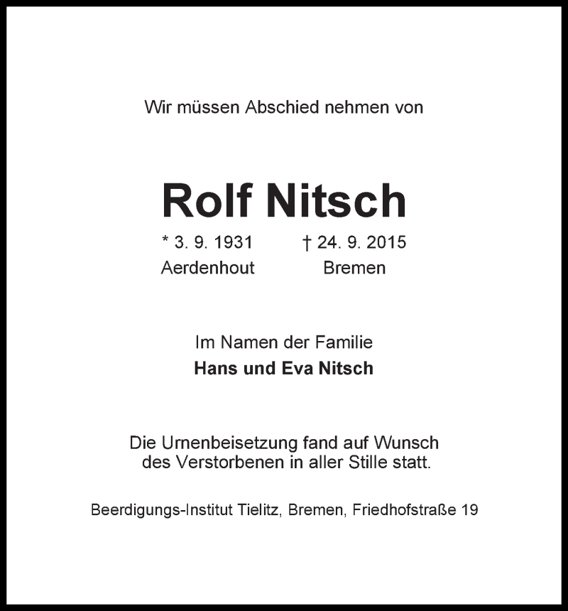 Traueranzeige von Rolf Nitsch von WESER-KURIER