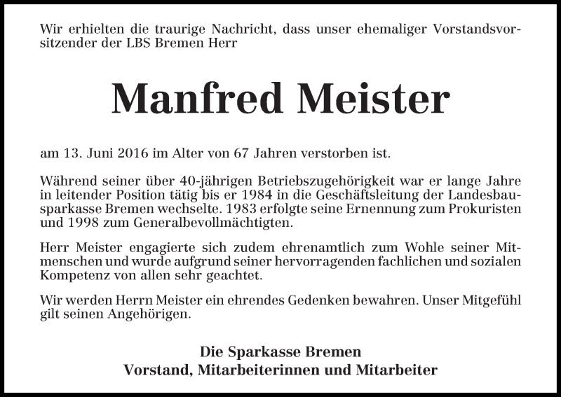 Traueranzeige von Manfred Meister von WESER-KURIER