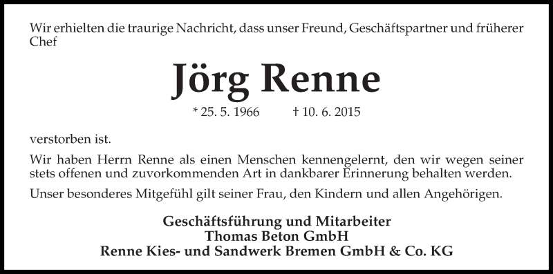Traueranzeige von Jörg Renne von WESER-KURIER