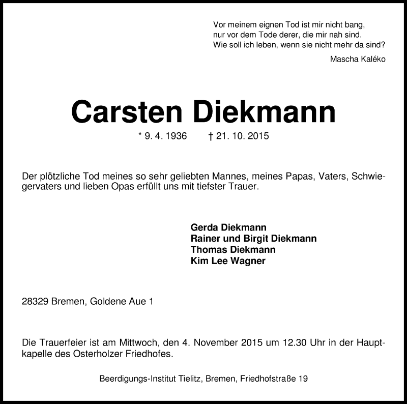 Traueranzeige von Carsten Diekmann von WESER-KURIER