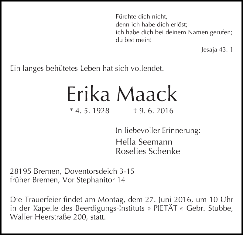 Traueranzeige von Erika Maack von WESER-KURIER