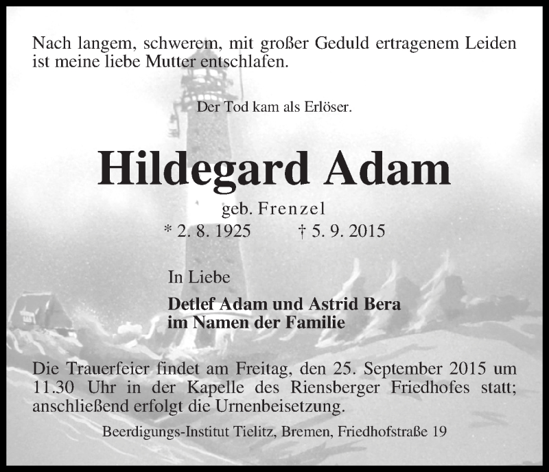 Traueranzeige von Hildegard Adam von WESER-KURIER