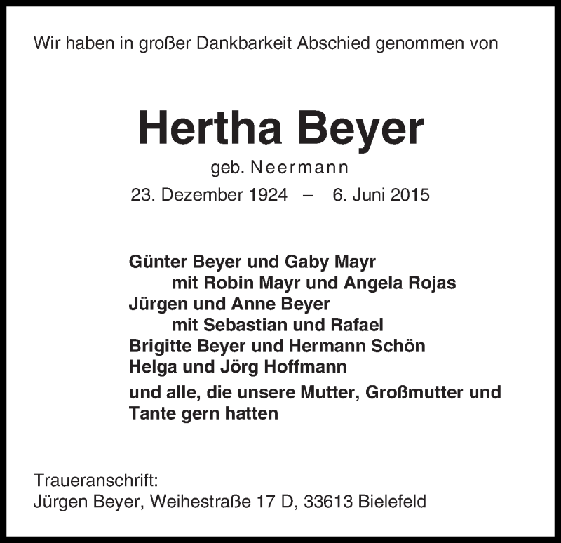 Traueranzeige von Hertha Beyer von WESER-KURIER