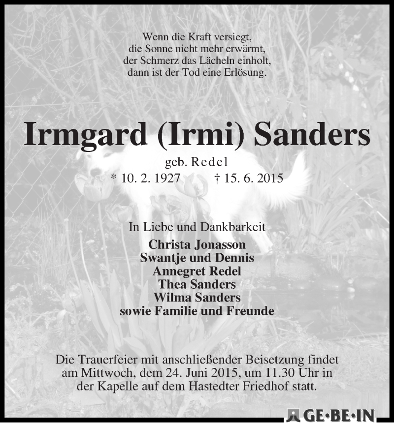 Traueranzeige von Irmgard (Irmi) Sanders von WESER-KURIER