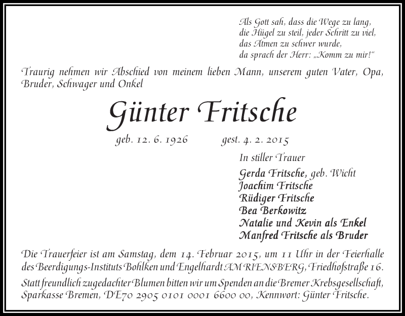 Traueranzeige von Günter Fritsche von WESER-KURIER