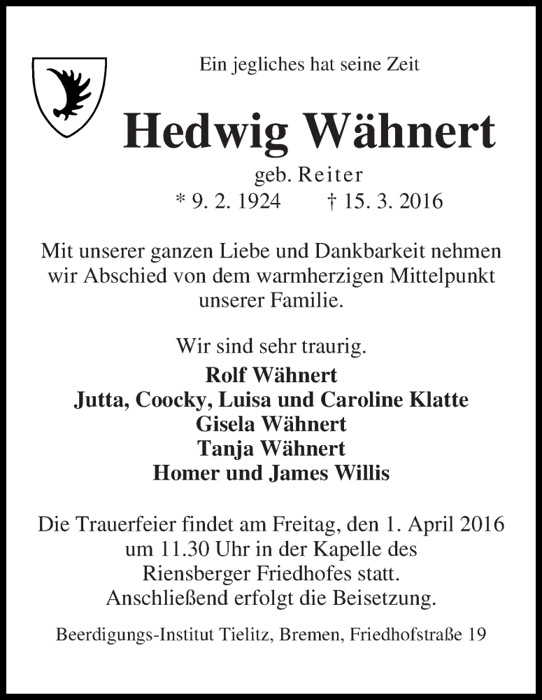 Traueranzeige von Hedwig Wähnert von WESER-KURIER