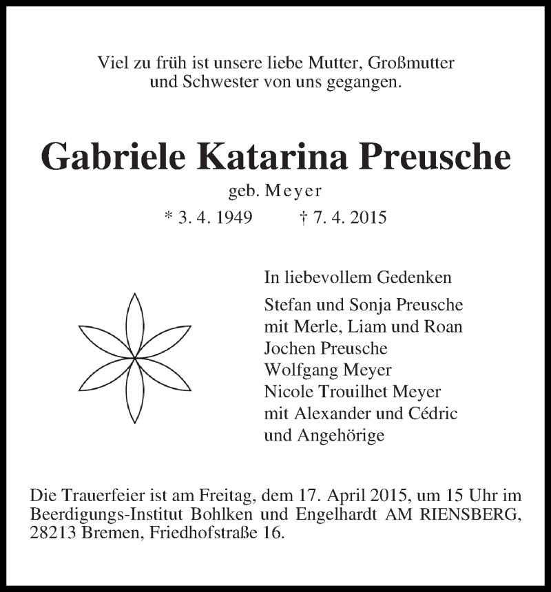 Traueranzeige von Gabriele Katarina Preusche von WESER-KURIER